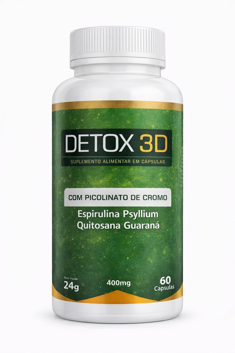 Pote de Detox 3D — Suplemento Mineral em Cápsulas com Picolinato de Cromo, Espirulina, Psyllium, Quitosana e Guaraná. 60 cápsulas, 400mg.